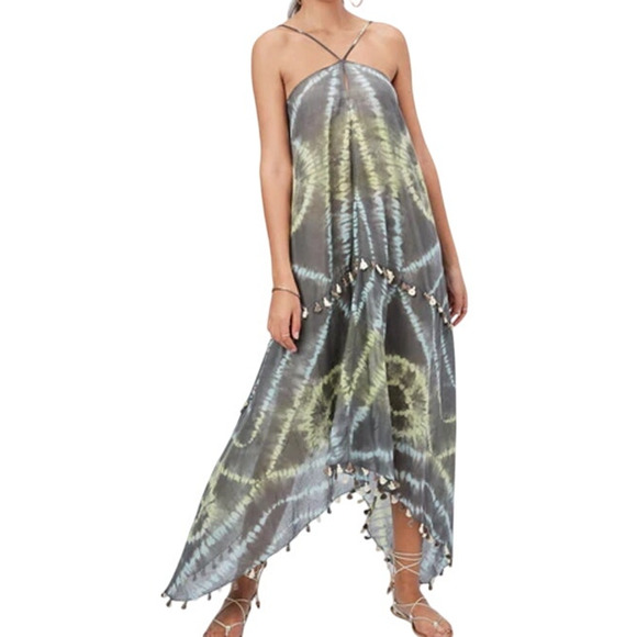 Lovestitch Gray Sheer Tie Dye Ania Tasseled Scarf Maxi Dress Cover Up M/L NWT - Picture 1 of 16